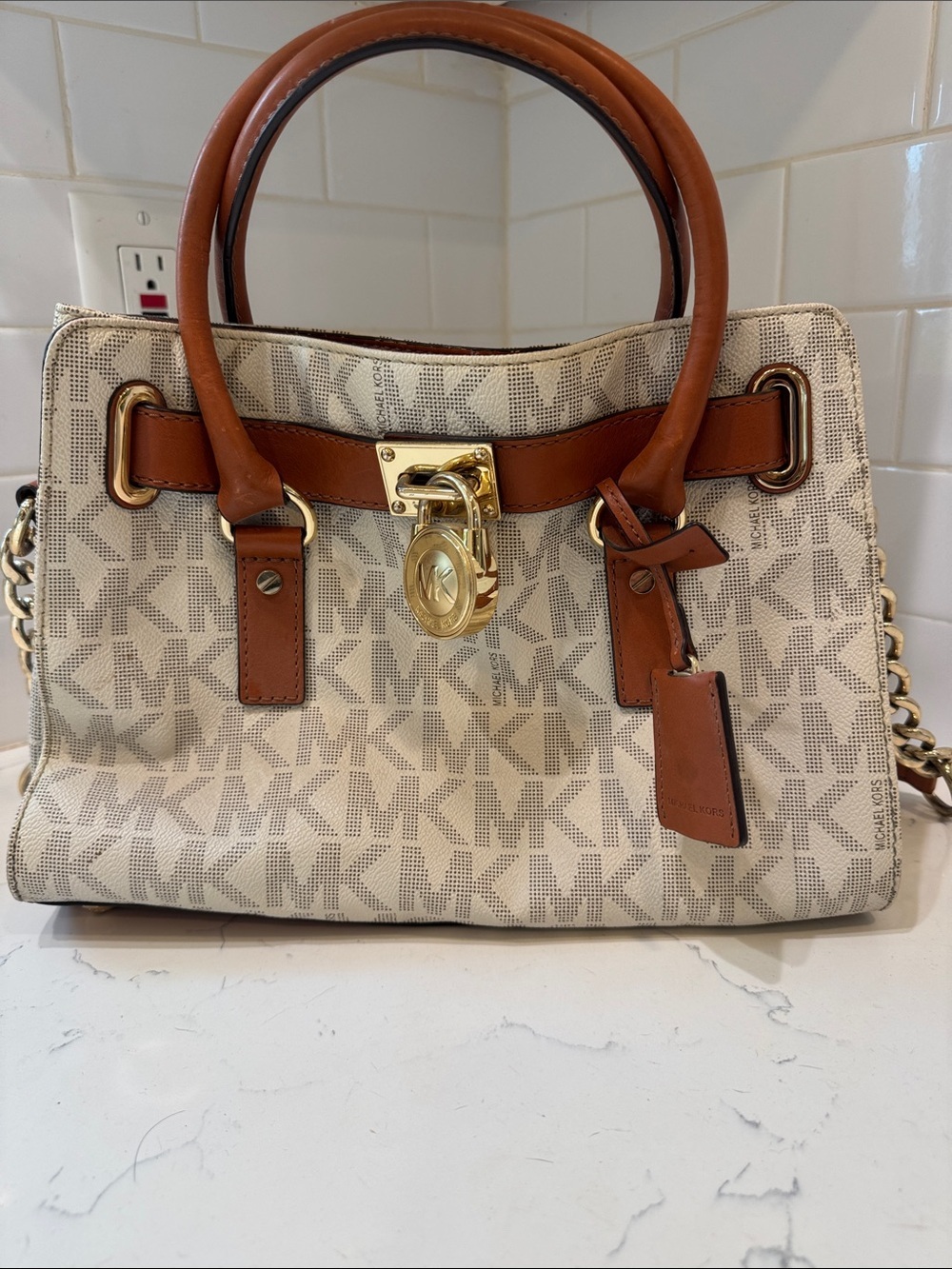 Michael Kors Cream Logo Canvas Satchel with Brown Leather Trim